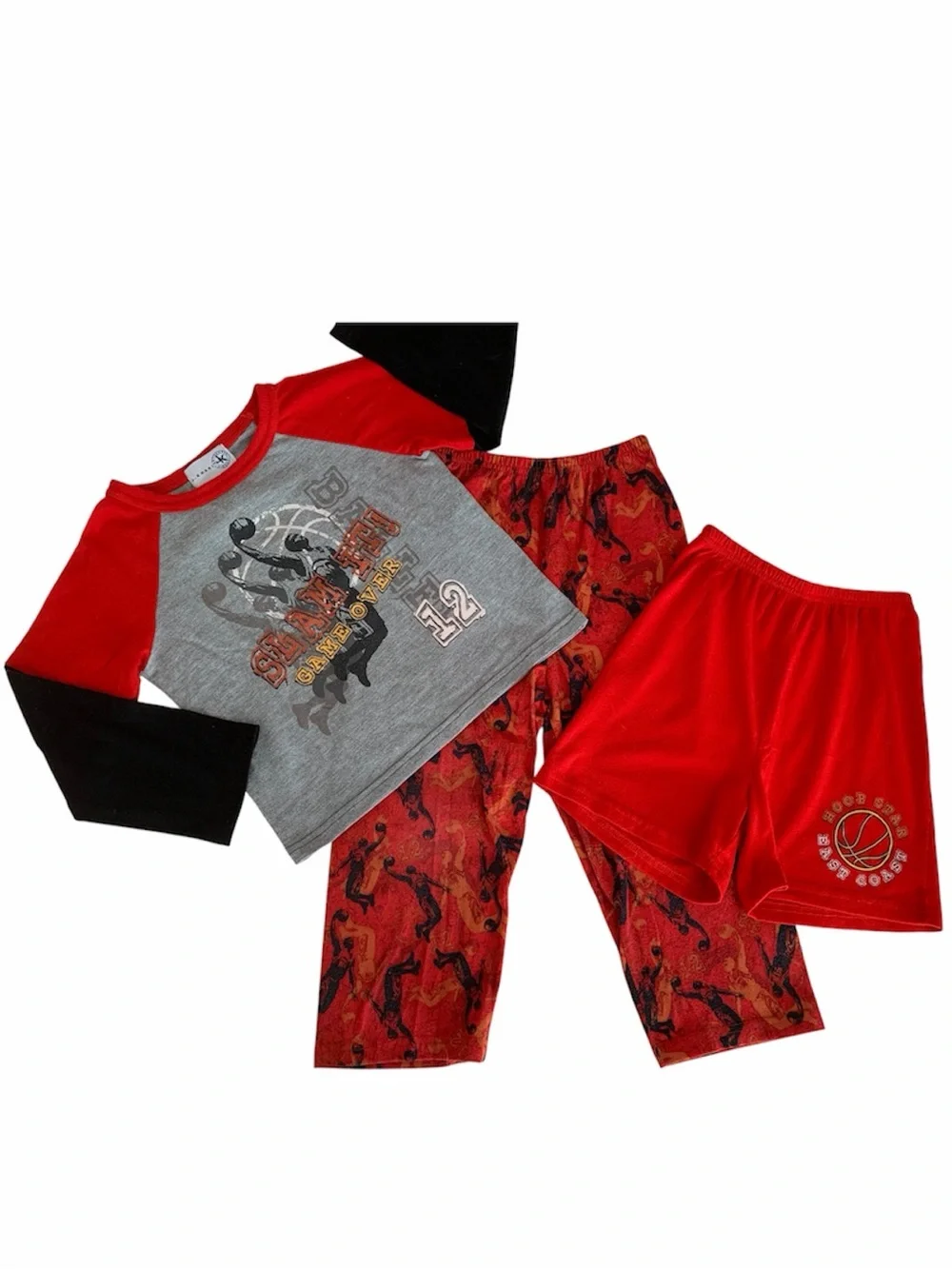 J Khaki Pajama Set Boys XS (4/5) Red Black 3 Pieces Top Pants Shorts Basketball